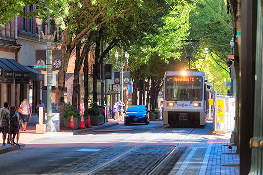 Image of Portland Oregon view of Street and Max train